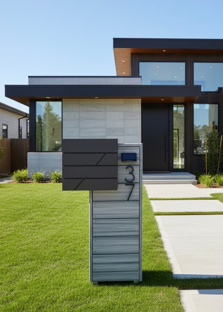 Atena 5.0 composite residential mailbox in foggy wharf color with modern house numbers